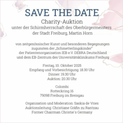 Einladungsdesign zur Charity-Auktion von DEBRA Deutschland im Colombi Hotel Freiburg am 10. Oktober 2025 – Kunstauktion zugunsten der Schmetterlingskinder.